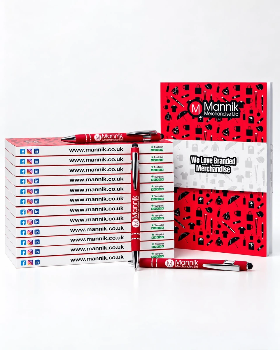A stack of Mannik branded notebooks with red Mannik stylus pens