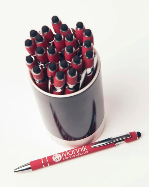 Close-up of printed Mannik pens