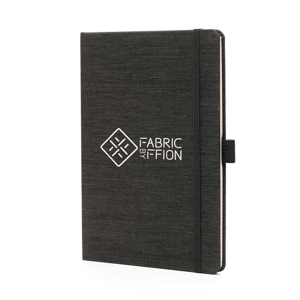 Branded notebook with textured black cover