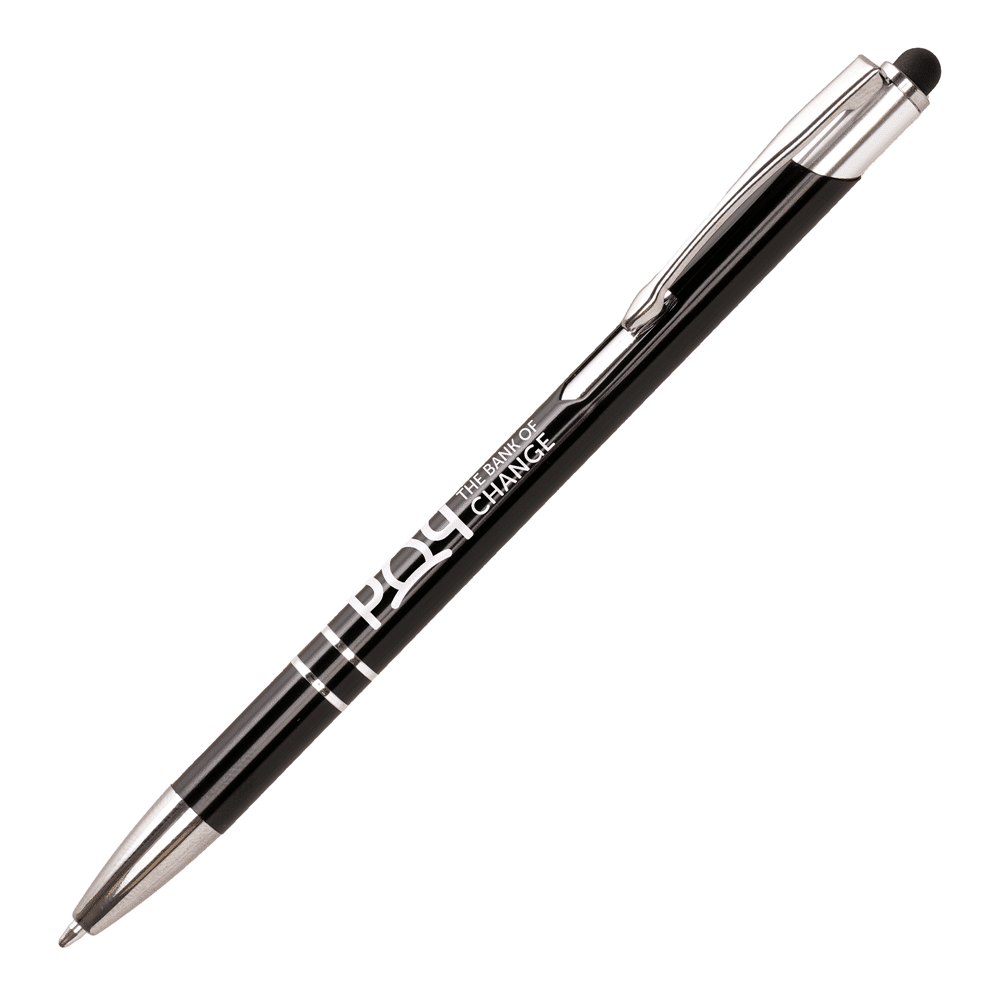 Single black stylus pen with sample branding