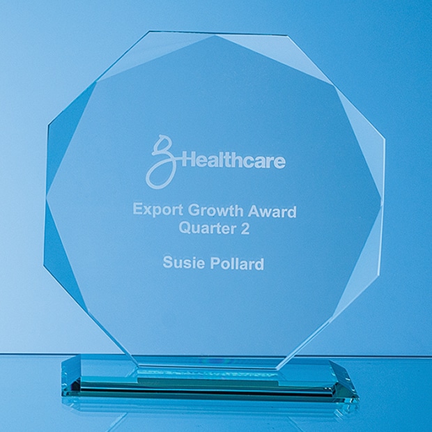 14.5 x 14.5 cm x 10mkm JADE GLASS FACETTED OCTAGON AWARD