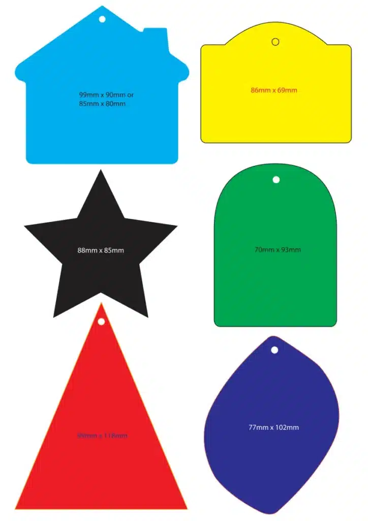 House, star and novelty air freshener shape guide with supplier dimensions; coloured outlines show shapes, not stock colours