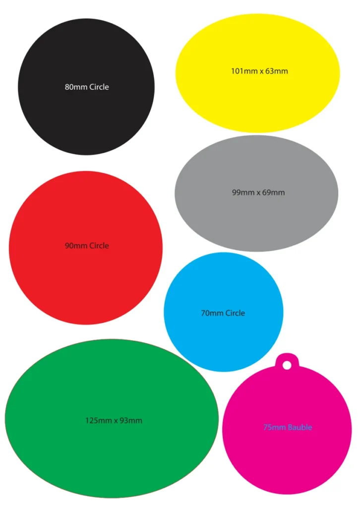 Round, oval and bauble air freshener shape guide with supplier dimensions; coloured outlines show shapes, not stock colours