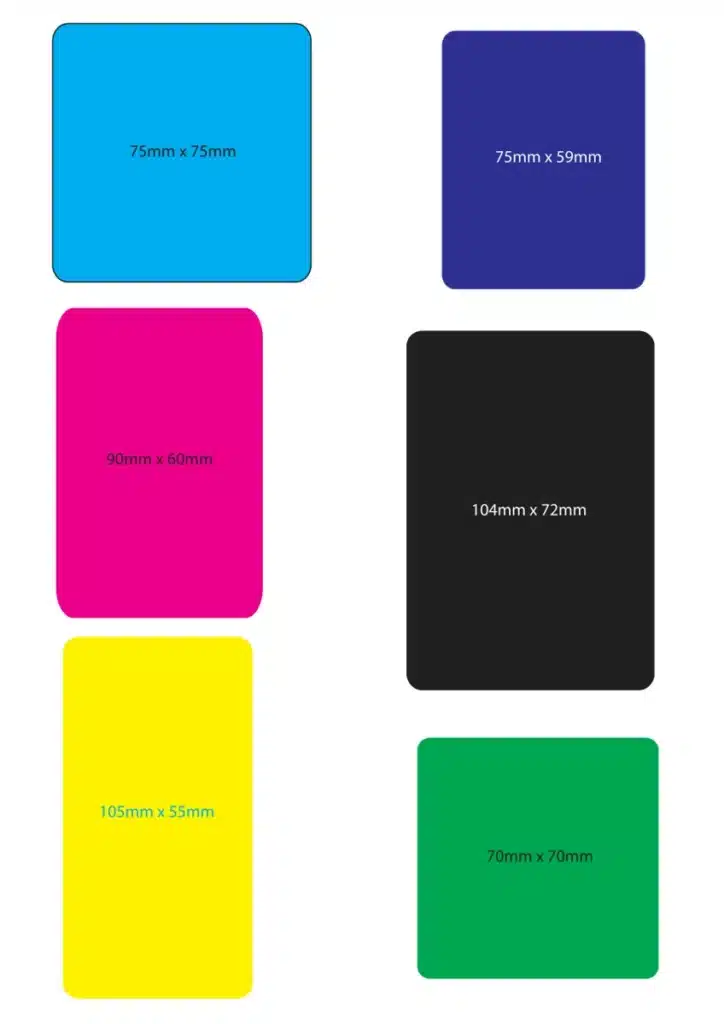 Square and rectangular air freshener shape guide with supplier dimensions; coloured outlines show shapes, not stock colours