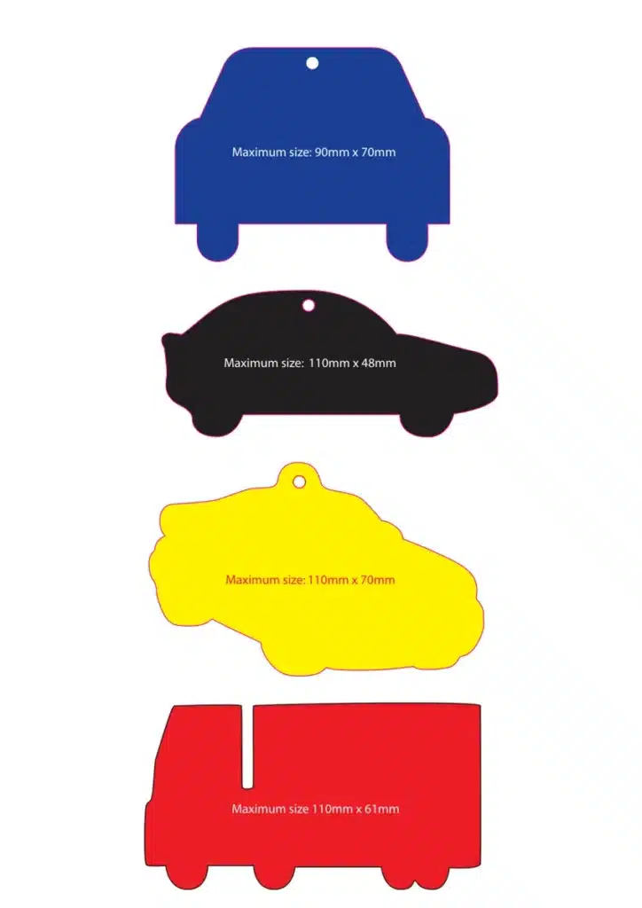 Car and van shaped air freshener guide with supplier dimensions; coloured outlines show shapes, not stock colours